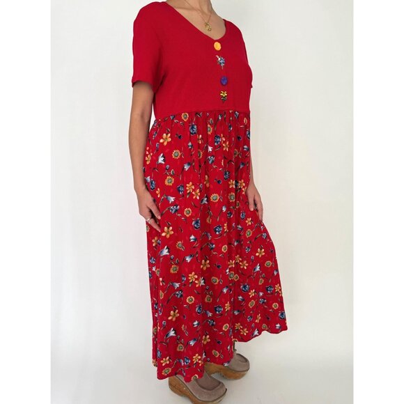 90s vintage red novelty floral print cottage kitschy ribbed casual maxi dress - Picture 5 of 9